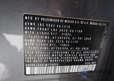 2020 Volkswagen Tiguan 2.0T S from USA, damaged, VIN 3VV0B7AX6LM176925
